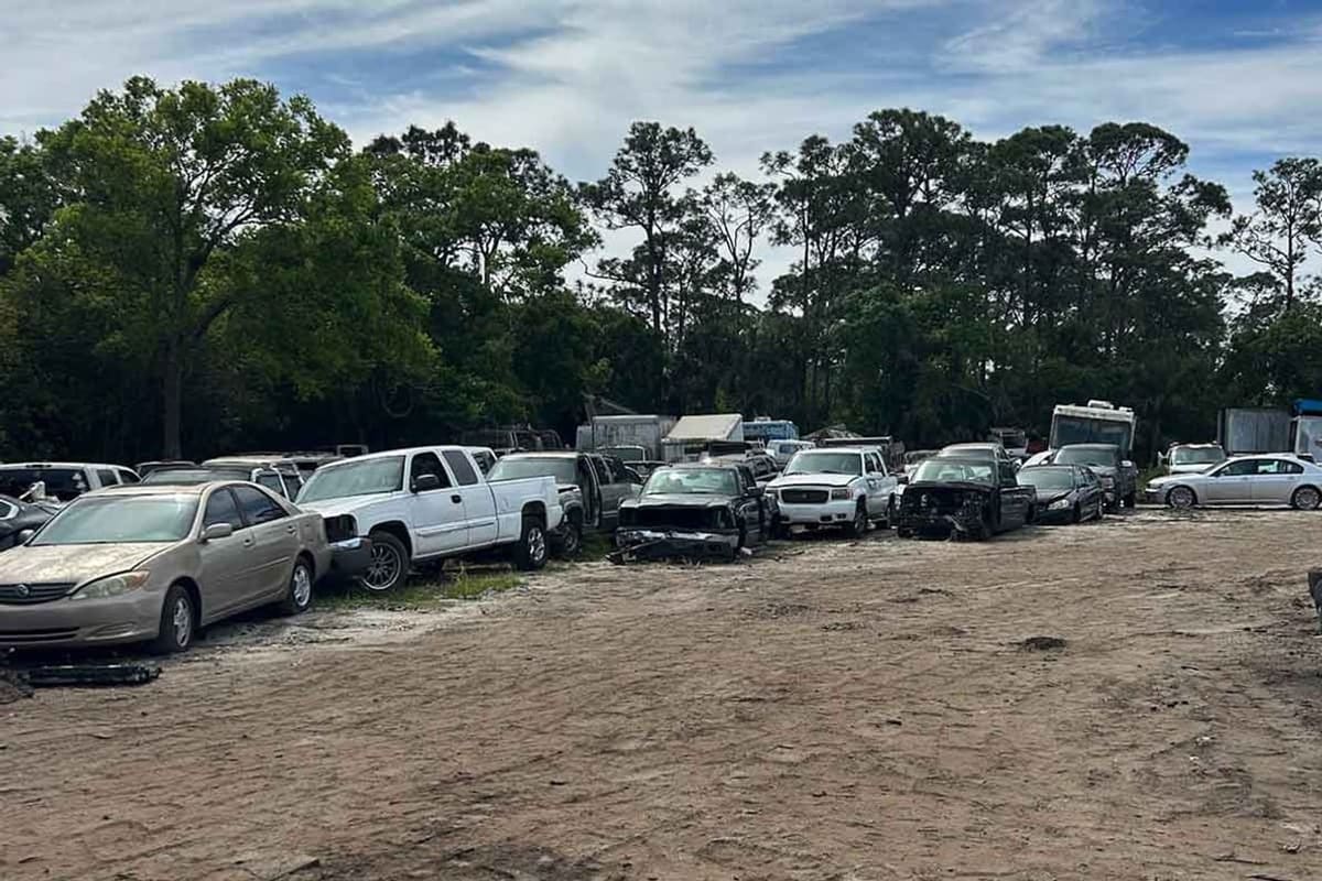 R&B Auto Salvage: Wide view of a dirt salvage lot with rows of used cars and trucks parked in front of tall trees