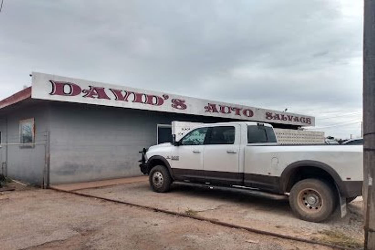 David's Auto Salvage: Low gray building with a large painted sign reading David's Auto Salvage and a white pickup truck parked in front