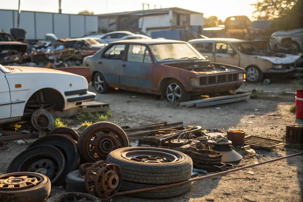 Henderson Auto Parts: Wrecked cars, stacked tires and loose parts scattered across a dirt salvage yard at sunset