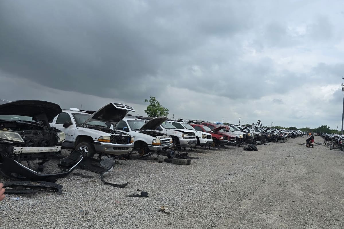 Pick-n-Pull - Dallas South: Long rows of salvage cars and trucks with open hoods on a gravel lot under a stormy sky