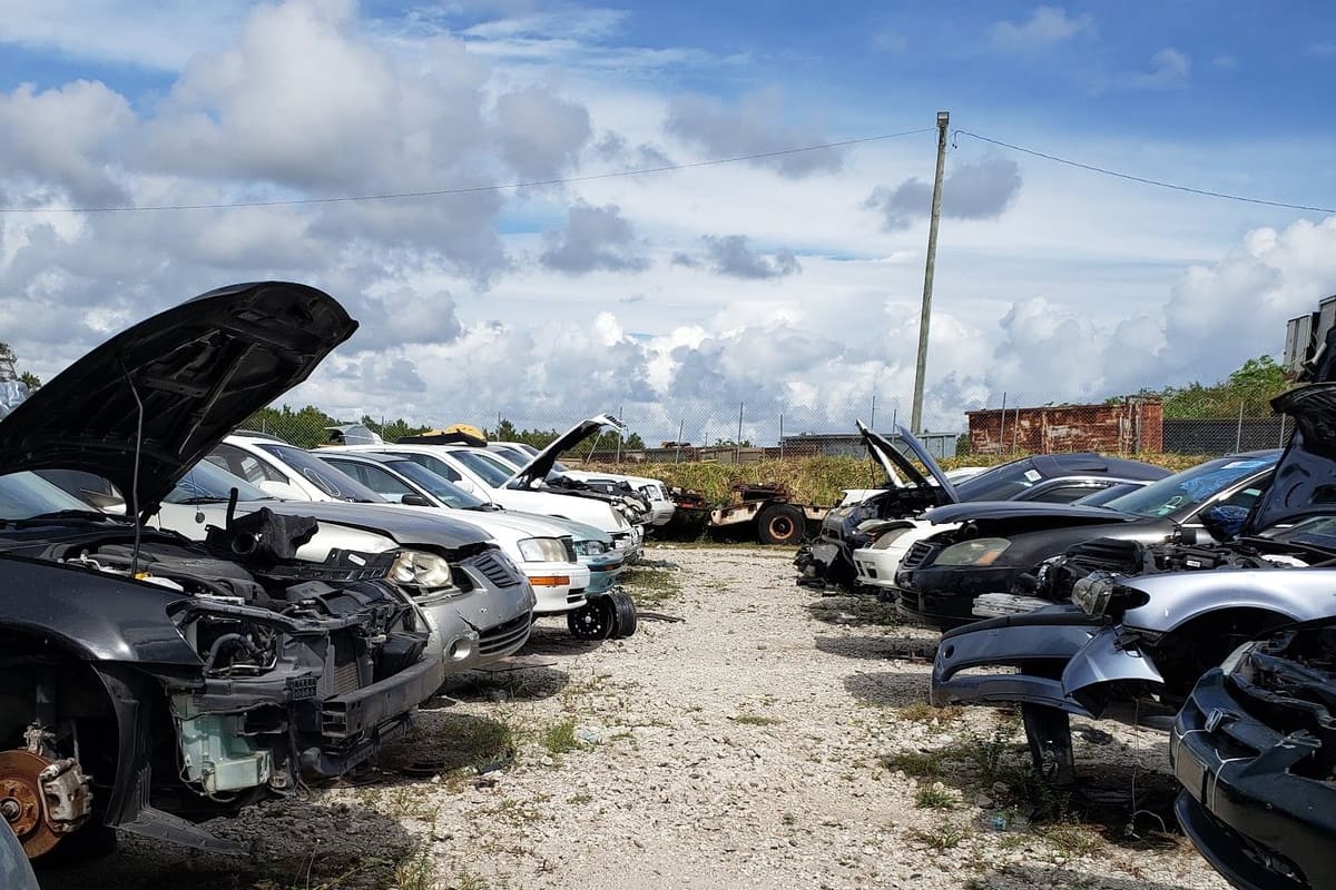 A & a Auto Salvage: Rows of wrecked cars with open hoods parked on a gravel lot under a blue sky with clouds