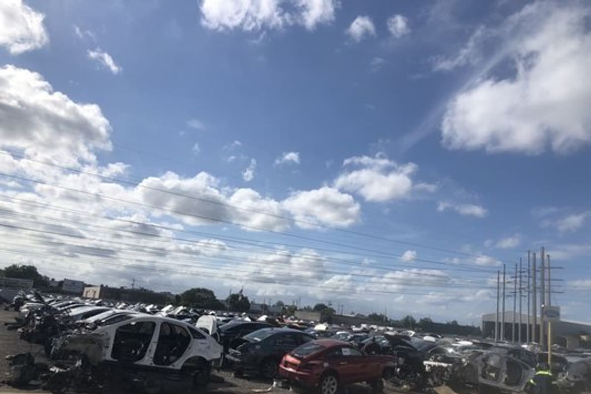 Pick Your Part Southeast: Wide daytime view of a salvage yard with rows of dismantled cars under a blue sky with power lines