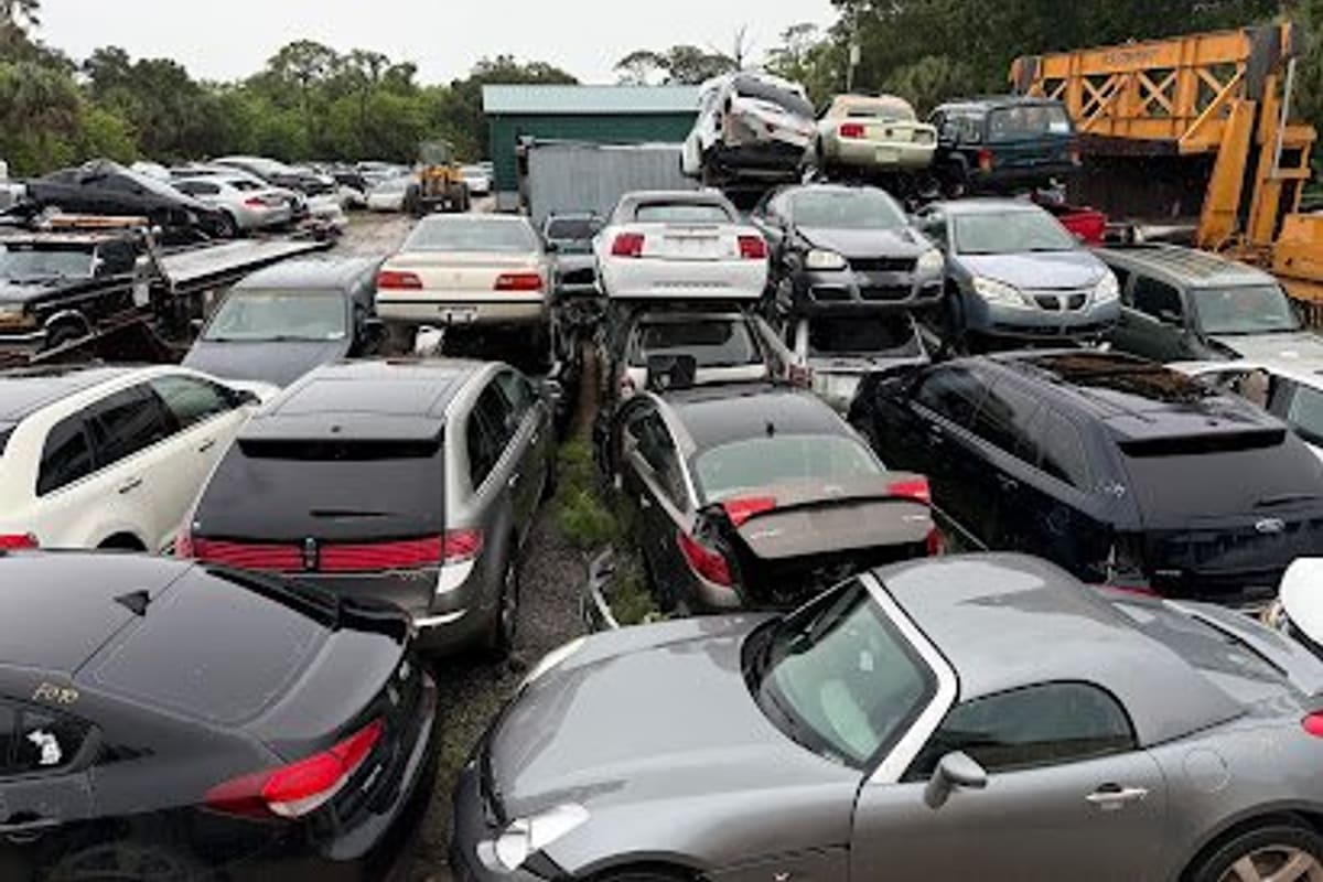 A-1 Island Auto Salvage: Crowded salvage yard with many cars parked and stacked closely together, with trees and heavy equipment behind