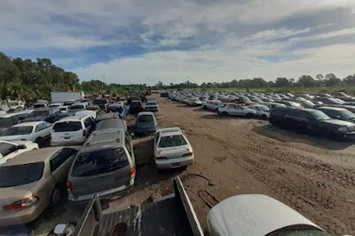 Indian River Auto Salvage: Wide daytime view of a dirt salvage lot with rows of parked used cars under a partly cloudy sky