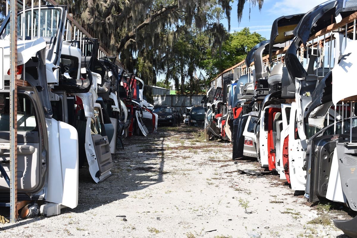 Plant City Auto Salvage Service: Rows of salvaged car doors and body panels lined up along a gravel lane under oak trees on a sunny day