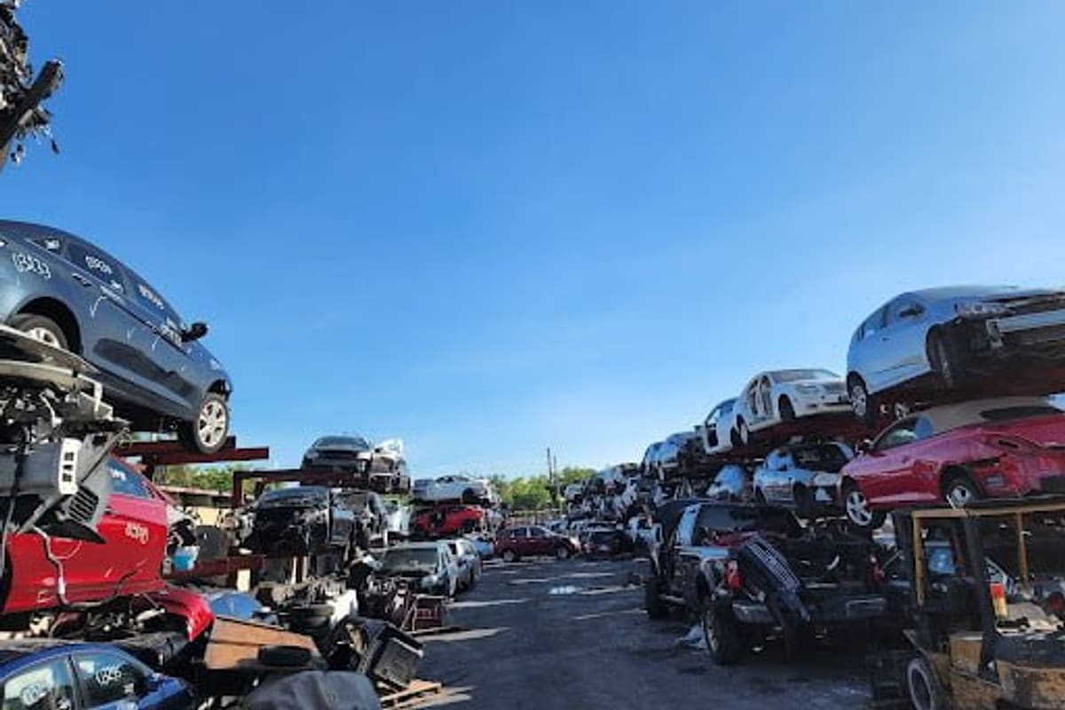 Junkaroo II: Rows of stacked wrecked cars on racks along a dirt lane under a clear blue sky at a salvage yard