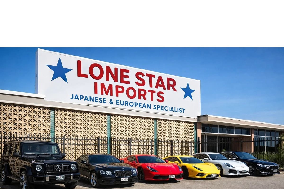 I Lone Star Auto Parts: Large white business sign above a tan decorative block building with a row of cars parked in front behind a fence
