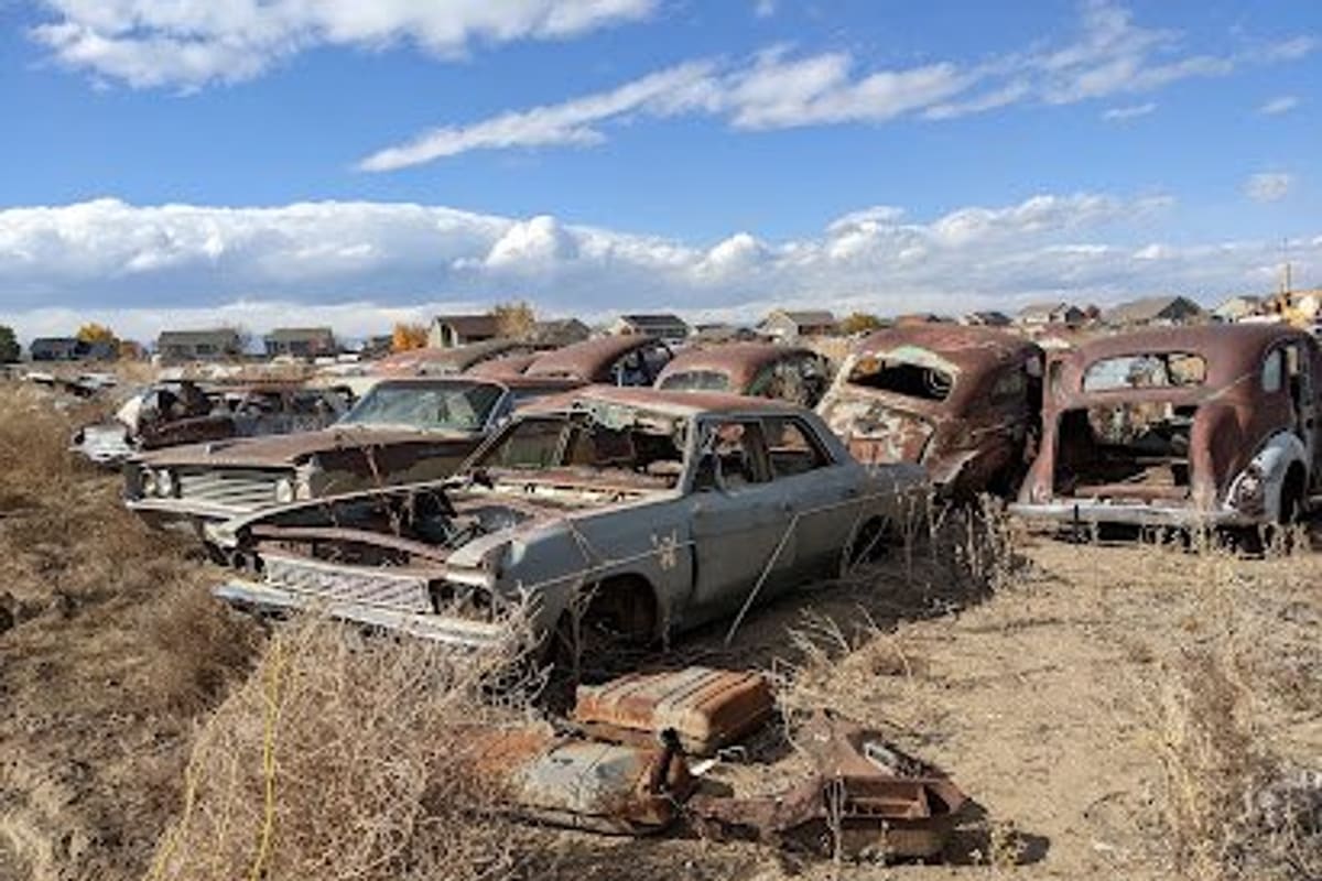 Elliotts Auto Parts: Rows of rusted vintage cars sitting in a dry grassy salvage yard under a blue sky with houses in the distance