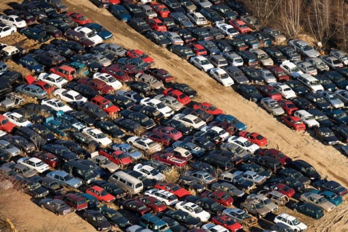 Osceola Auto Salvage & Parts: Aerial view of rows of salvage cars packed closely together on a dirt lot